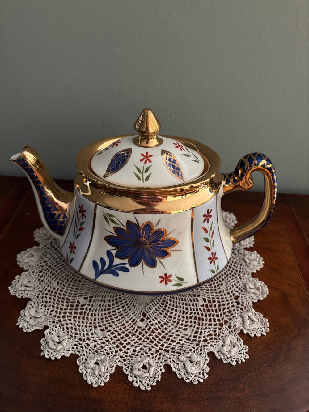Vintage Kensington Gold-Trim Ceramic Teapot with Blue Floral Design